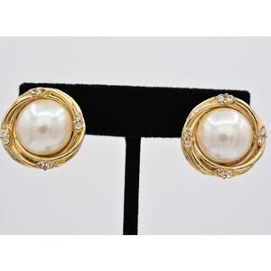 Donald Stannard Vintage Clip On Earrings Faux Pearl Gold Tone Signed 1980s 9E
